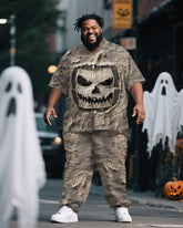 Big & Tall Men's Halloween Tattered Pumpkin Head Expression Print Short Sleeve Shirt Pants Suit
